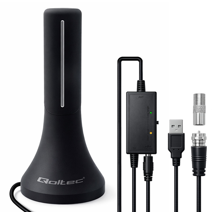 Qoltec 57065 pokojová DVB-T T2 anténa se zesilovačem 32 dBi, 4 m kabel – Hlavní vlastnosti