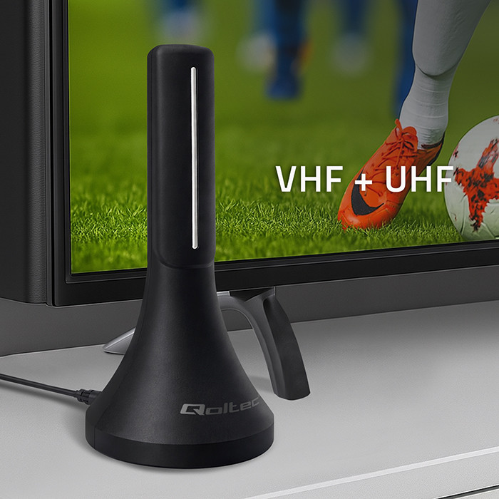 Qoltec 57065 pokojová DVB-T T2 anténa se zesilovačem 32 dBi, 4 m kabel – Umístění a zapojení