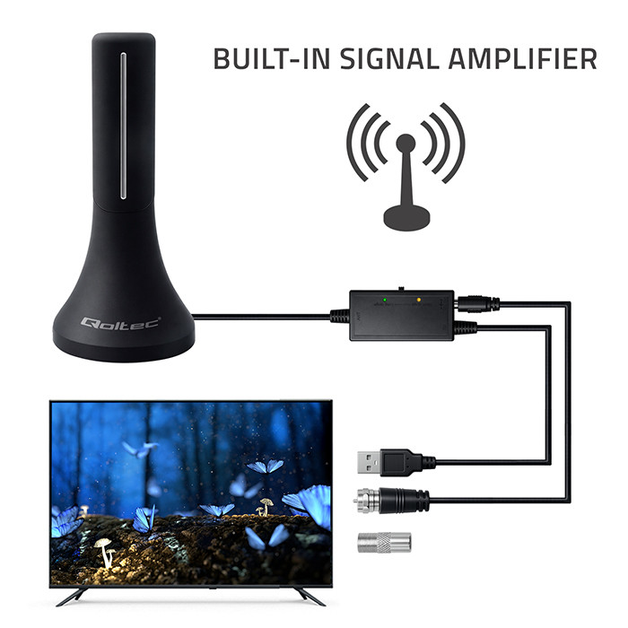 Qoltec 57065 pokojová DVB-T T2 anténa se zesilovačem 32 dBi, 4 m kabel – Vestavěný zesilovač s USB napájením