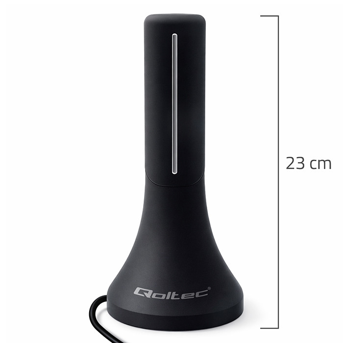 Qoltec 57065 pokojová DVB-T T2 anténa se zesilovačem 32 dBi, 4 m kabel – DVB-T2 anténa pro pásma VHF a UHF