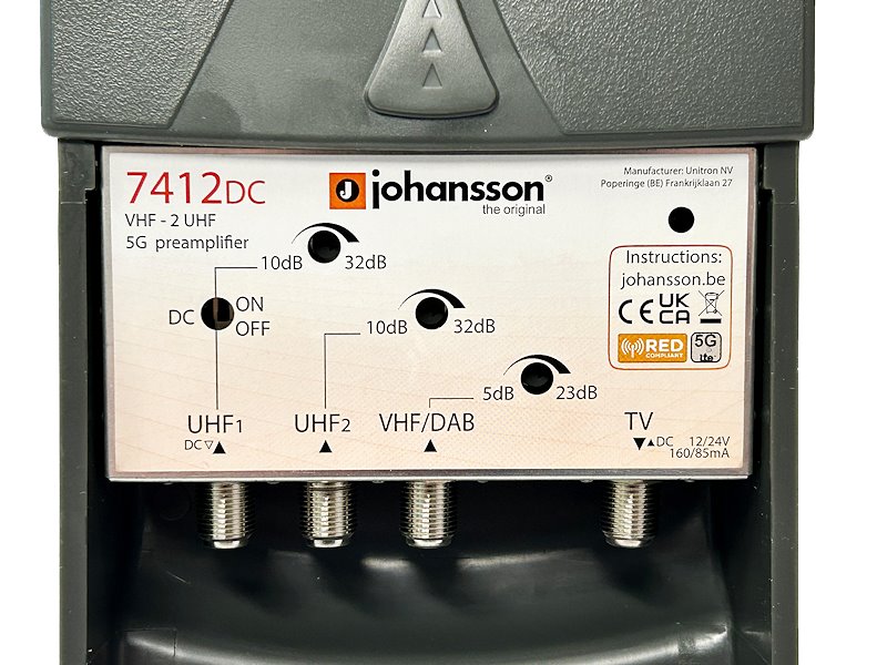 Johansson 7412DC TV zesilovač VHF UHF, 3 vstupy, 32 dB, 5G LTE700 – Napájení anténního předzesilovače