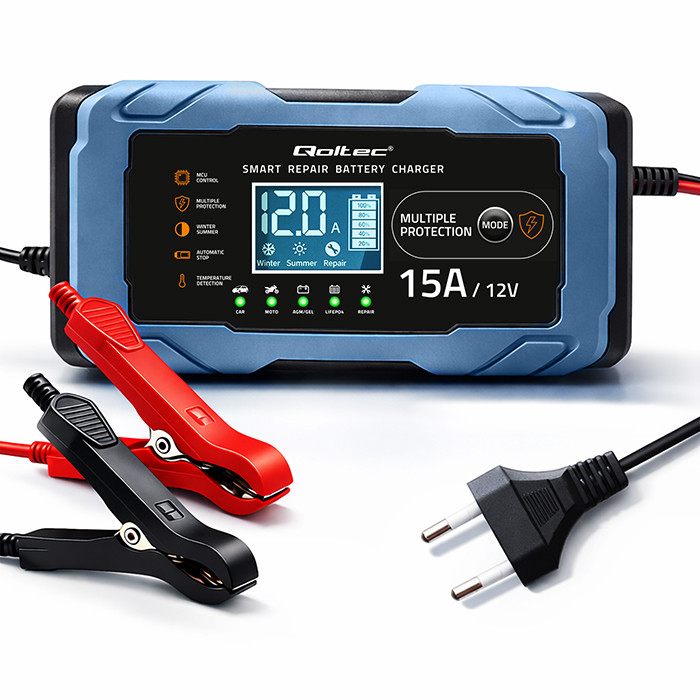 Qoltec inteligentní nabíječka autobaterií 12 V 15 A, AGM GEL LiFePO4, 2 až 220 Ah – Hlavní vlastnosti