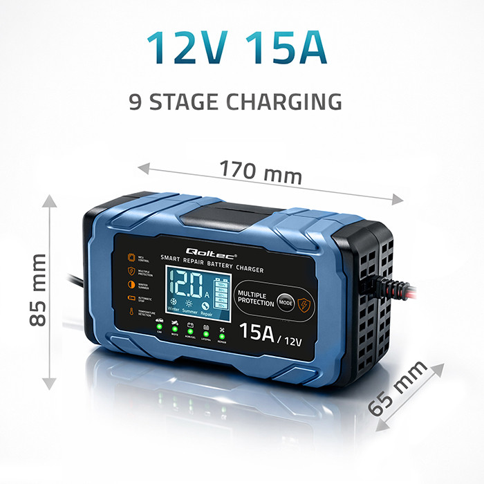 Qoltec inteligentní nabíječka autobaterií 12 V 15 A, AGM GEL LiFePO4, 2 až 220 Ah – Automatické 9-stupňové nabíjení