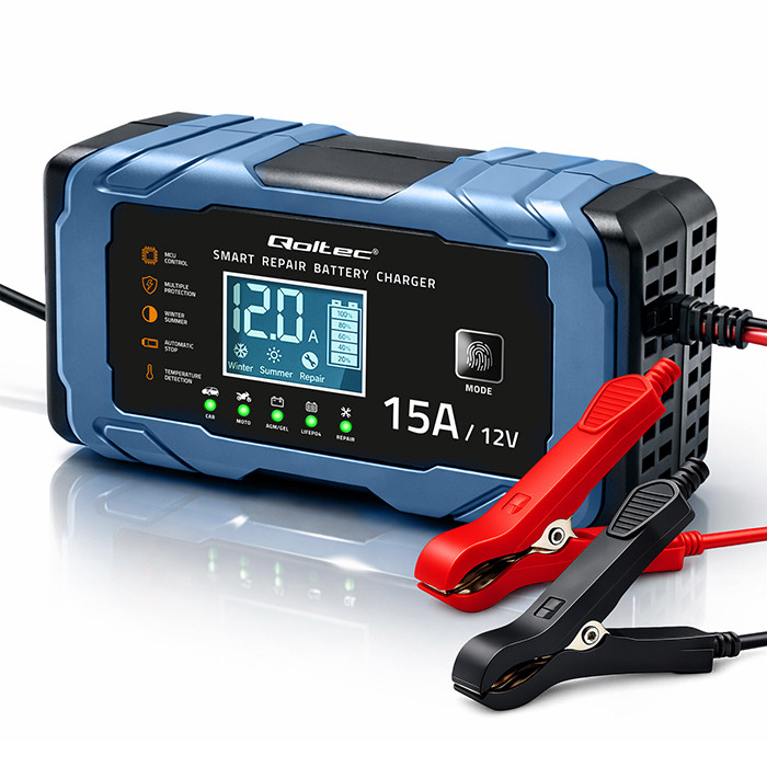 Qoltec inteligentní nabíječka autobaterií 12 V 15 A, AGM GEL LiFePO4, 2 až 220 Ah – Podpora více typů 12 V baterií