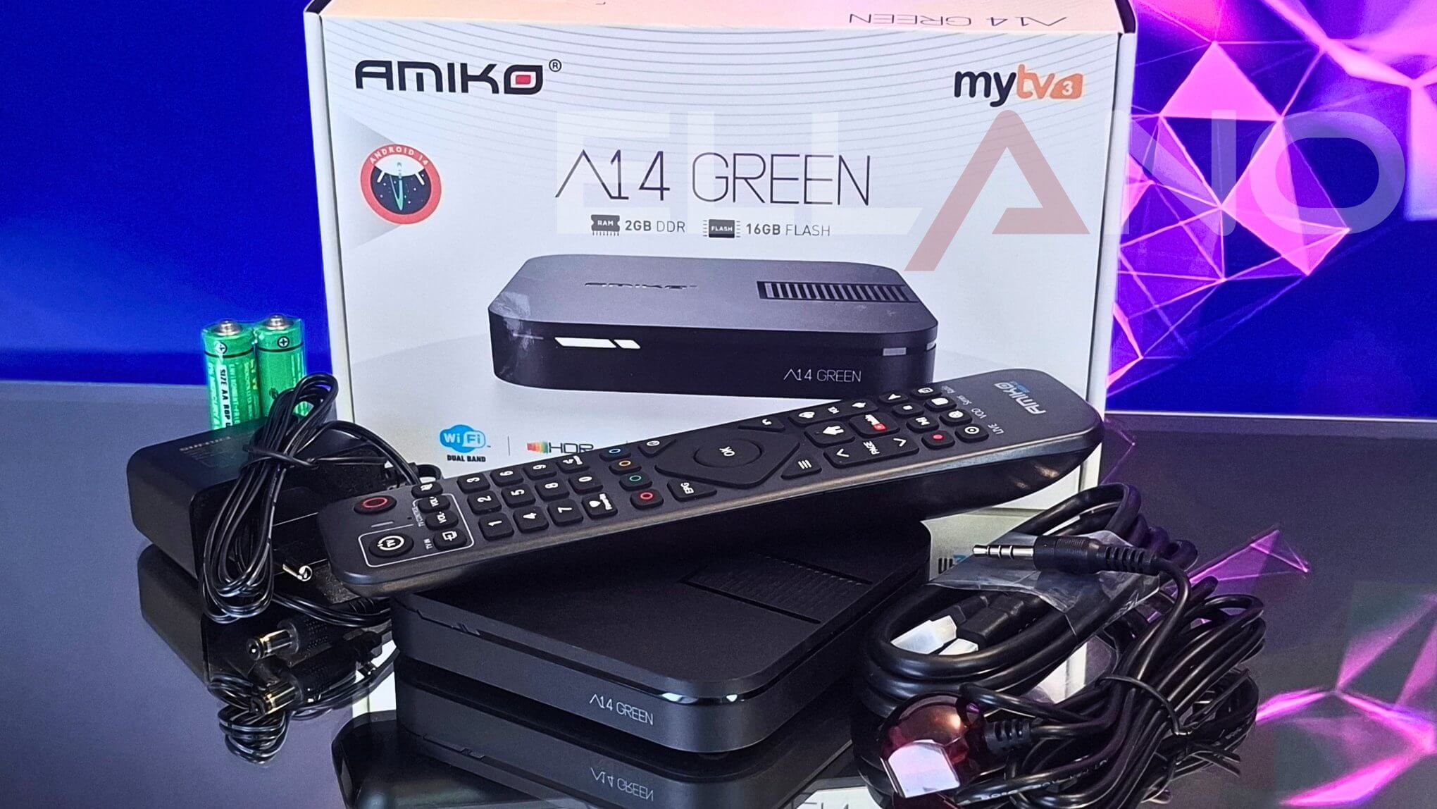 Amiko A14 Green 4K Android 14 IPTV box s MyTV3 2GB/16GB obsah balení