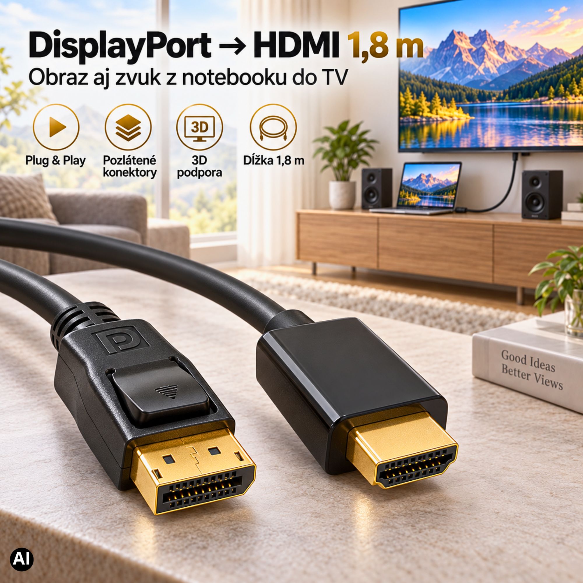DisplayPort HDMI kábel 1,8 m, pozlátené konektory – Hlavné vlastnosti