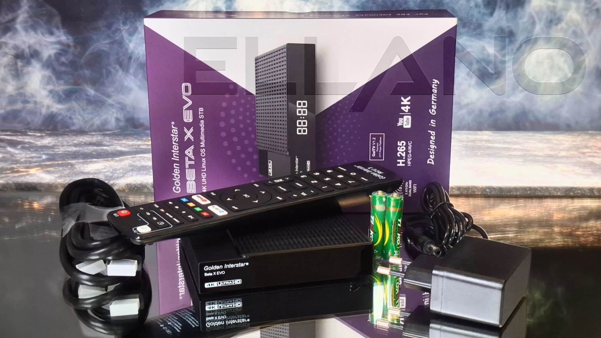 Golden Interstar Beta X EVO 4K IPTV přehrávač, Linux, WiFi 5 GHz obsah balení
