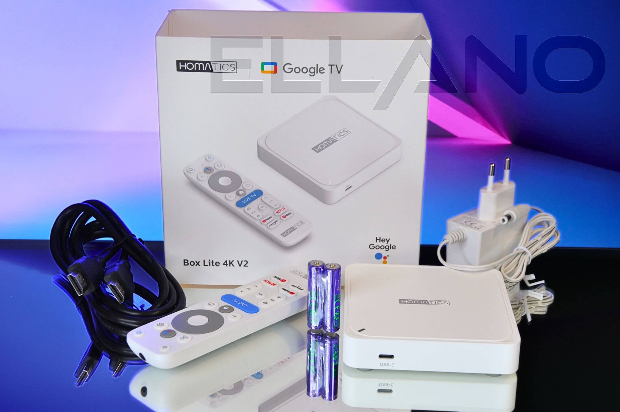 Homatics Box Lite 4K V2 Google TV 14, 32 GB Flash – obsah balení