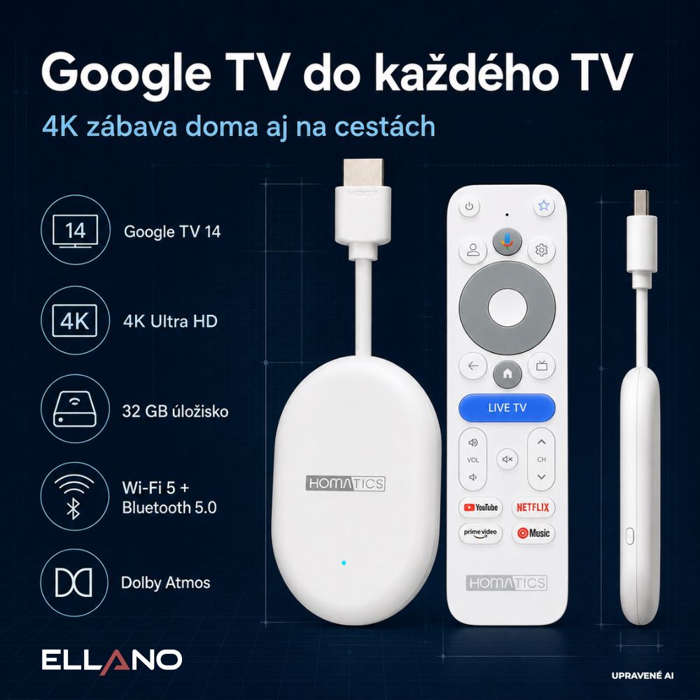 Homatics Dongle Lite 4K V2, Google TV, 2 GB RAM, 32 GB Wi-Fi 5, Bluetooth a internetové připojení
