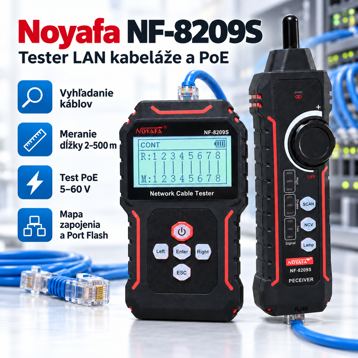 Noyafa NF-8209S tester LAN káblov s PoE a vyhľadávač káblov – Lokalizácia káblov a sieťových portov