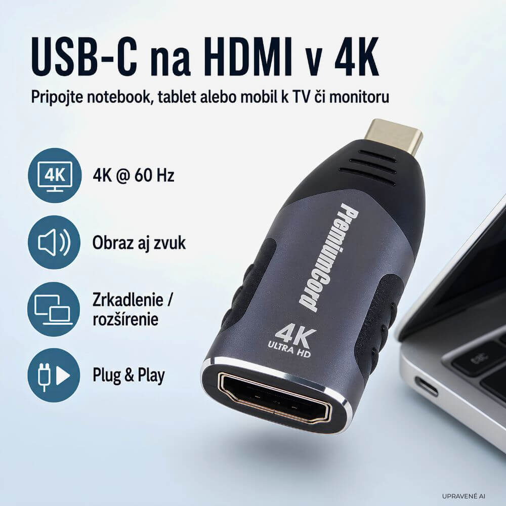 PremiumCord USB-C na HDMI převodník 4K 60 Hz, kovový - část popisu