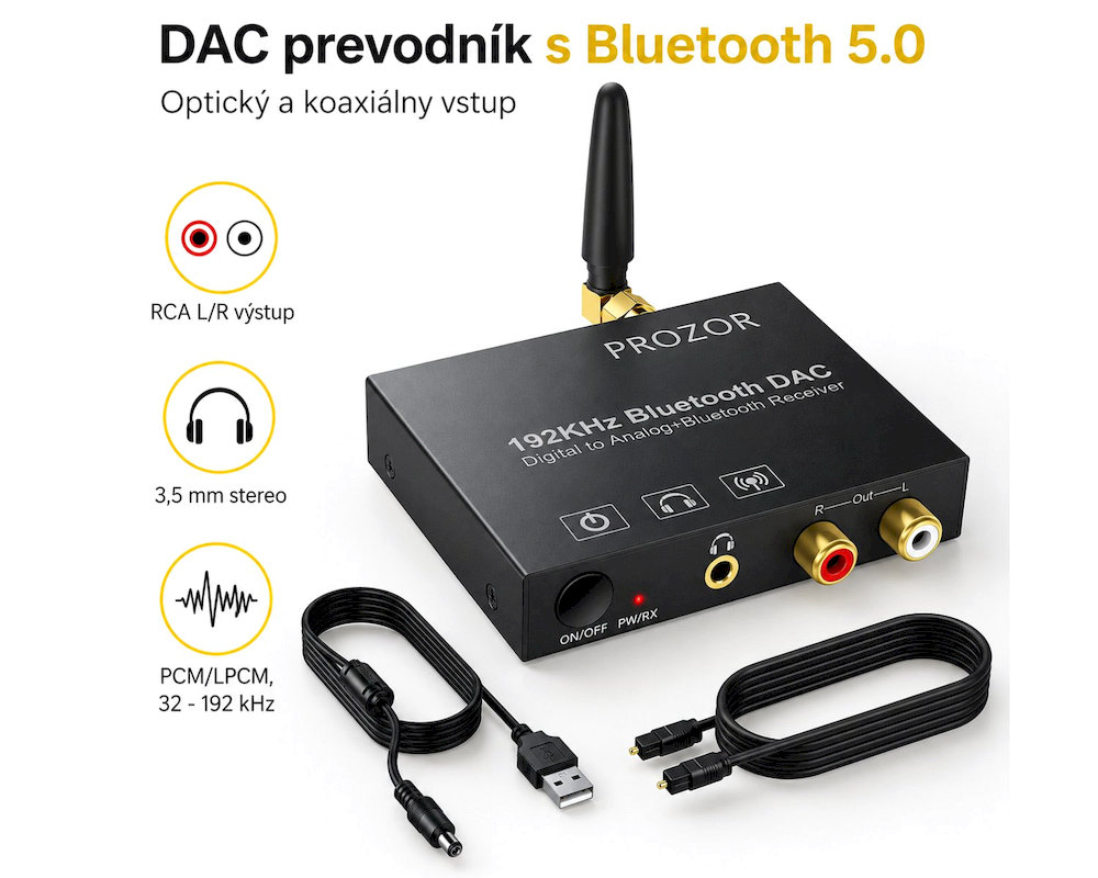 PROZOR 192 kHz DAC převodník s Bluetooth 5.0, optický a koaxiální vstup, RCA a 3,5mm výstup - část popisu