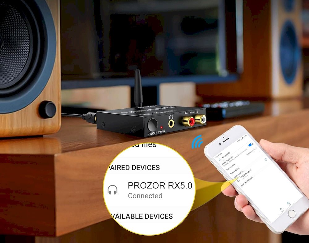 PROZOR 192 kHz DAC převodník s Bluetooth 5.0, optický a koaxiální vstup, RCA a 3,5mm výstup - část popisu