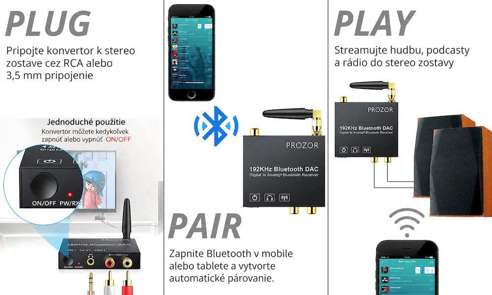 PROZOR 192 kHz DAC převodník s Bluetooth 5.0, optický a koaxiální vstup, RCA a 3,5mm výstup - část popisu