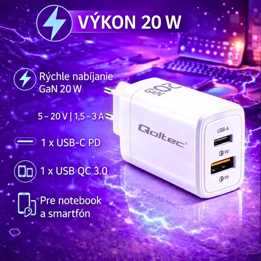 Qoltec 20 W GaN sieťová nabíjačka, USB-C PD a USB-A QC 3.0 – Aký výkon poskytujú jednotlivé porty?