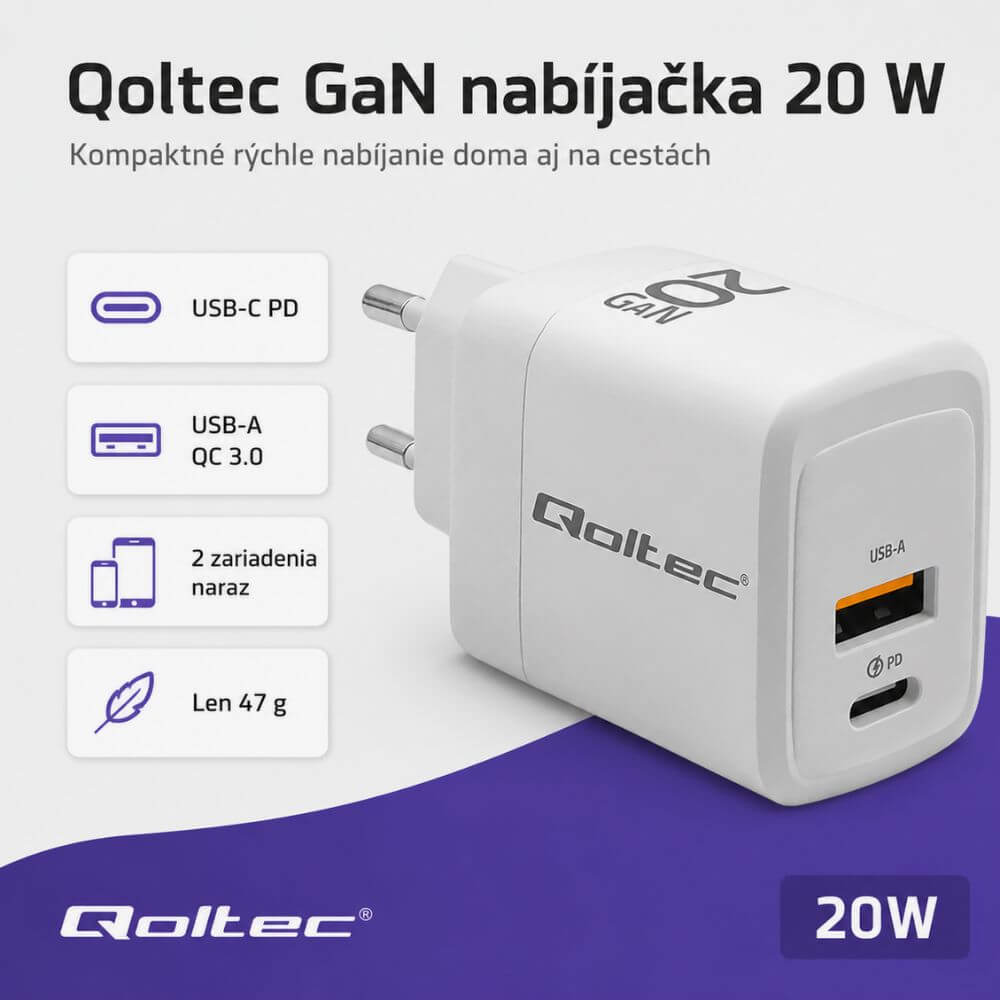 Qoltec 20 W GaN sieťová nabíjačka, USB-C PD a USB-A QC 3.0 – Kompaktná nabíjačka na každodenné nosenie