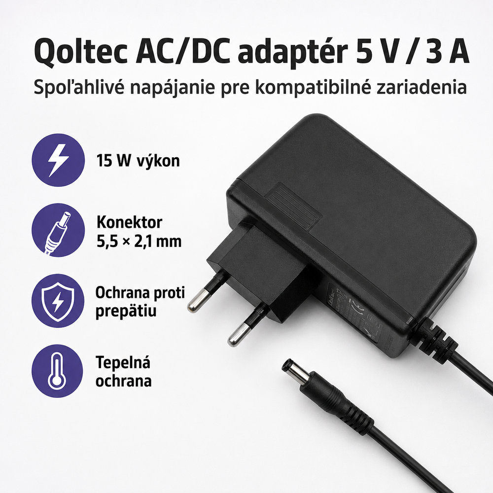 Qoltec 50773 napájací adaptér 5V 3A 15 W, 5,5 × 2,1 mm - časť popisu