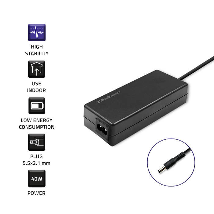 Napájecí adaptér Qoltec 12 V 3,33 A 40 W, 5,5 x 2,1 mm, pro notebooky a satelitní přijímače – Bezpečný a stabilní provoz