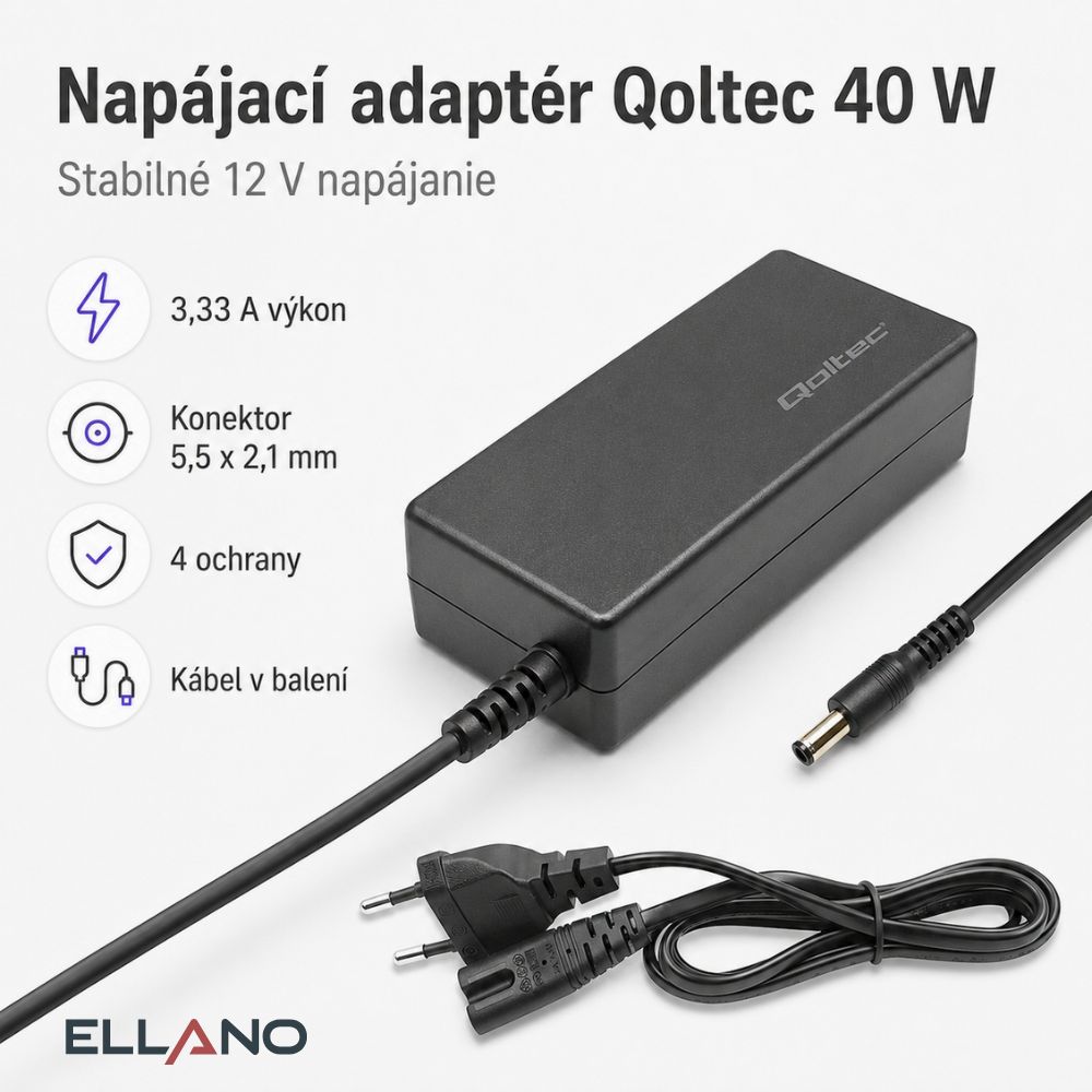 Napájecí adaptér Qoltec 12 V 3,33 A 40 W, 5,5 x 2,1 mm, pro notebooky a satelitní přijímače – Hlavní vlastnosti