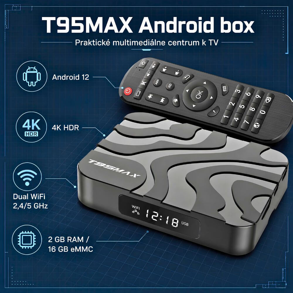 T95MAX Android TV Box, Android 12, 2 GB RAM, 16 GB, 4K HDR, Dual WiFi - časť popisu
