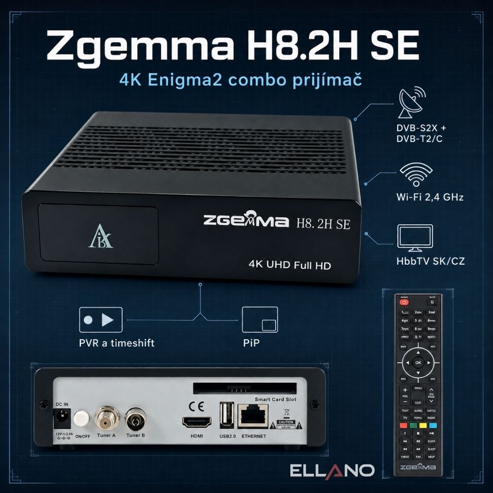 Zgemma H8.2H SE 4K UHD Enigma2 DVB-S2X/T2/C Wi-Fi – Dva tunery pre satelitný, terestriálny aj káblový príjem
