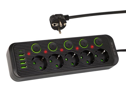 Prodlužovačka 5x 3m PS-530S 4xUSB 1xUSB-C černý 3x1mm