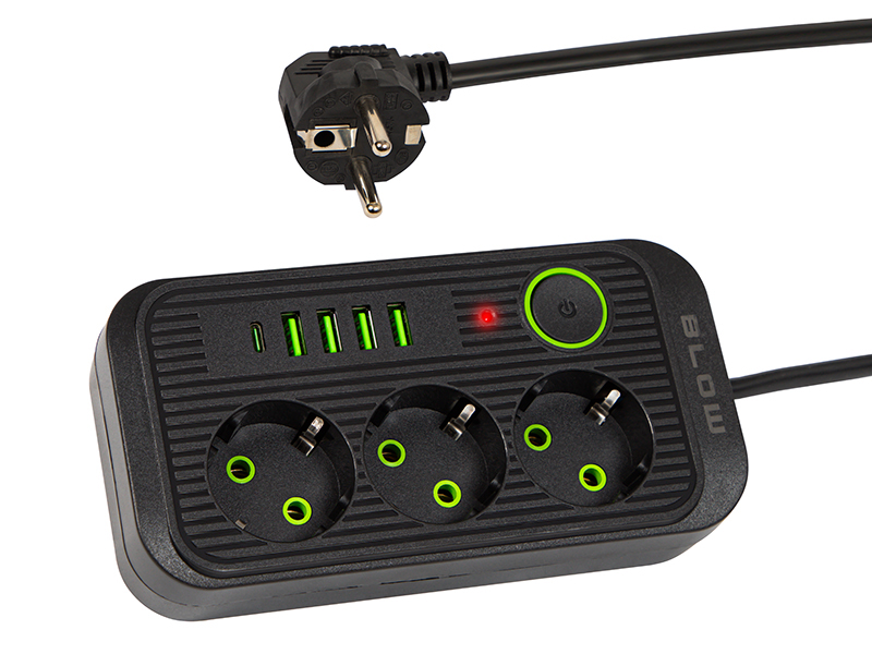 Predlžovačka 3x 3m PS-330S  4xUSB 1xUSB-C 3m čierny 2x1mm