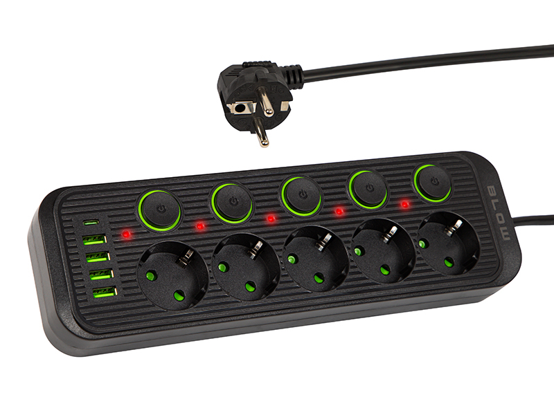 E-shop BLOW Predlžovačka 5x 3m PS-530S 4xUSB 1xUSB-C čierny 3x1mm