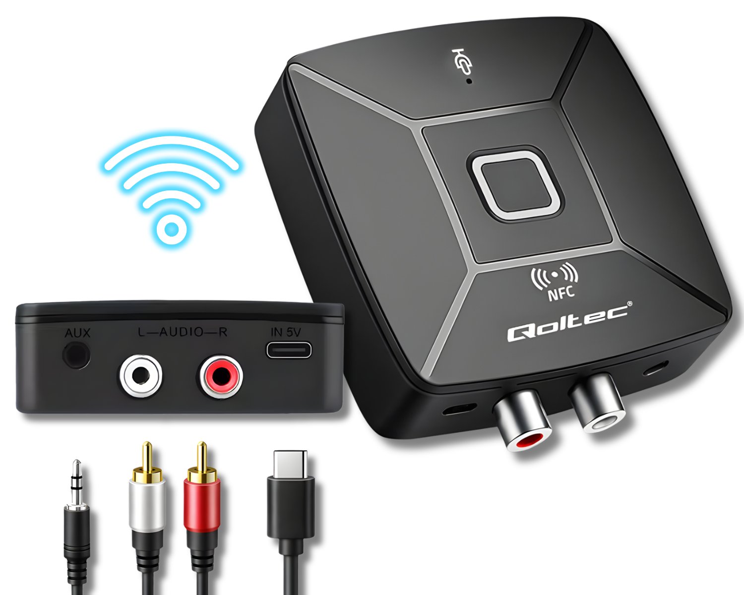 E-shop Qoltec Bluetooth audio adaptér s NFC, 2x RCA, 3,5 mm AUX, handsfree, 10 m