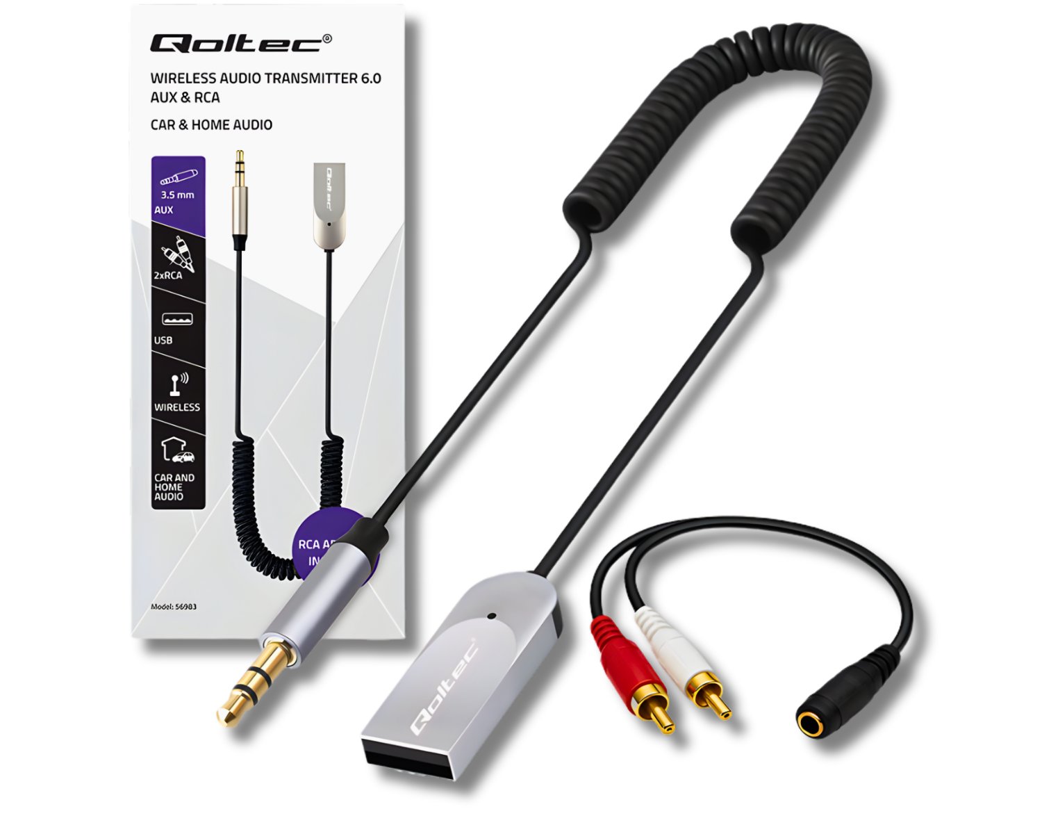 E-shop Bluetooth audio přijímač Qoltec BT1160, RCA, AUX, USB, handsfree, 10 m