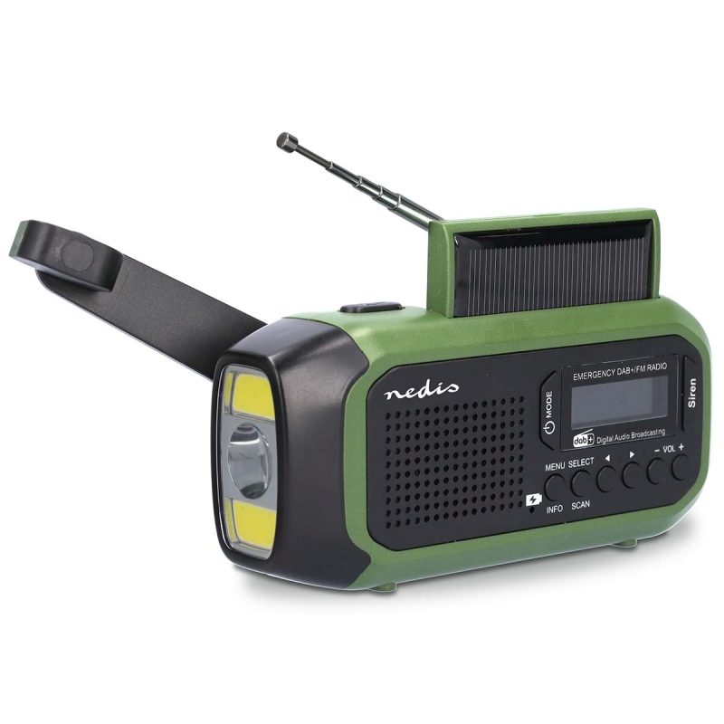 Núdzové rádio DAB/FM s ručným, solárnym, alebo USB nabíjaním a budíkom - prenosné, čierno-zelené