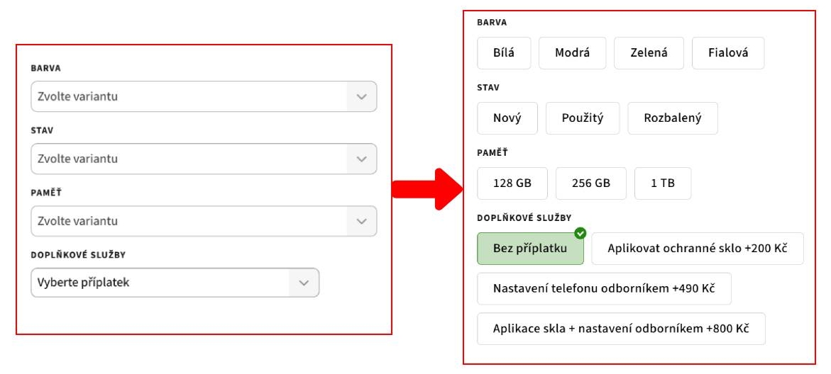 Dlaždicový výpis variant a příplatků - srovnání
