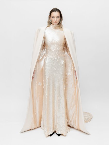 THE LUMINOUS COAT – VIRGIN WOOL & SEQUIN SILK.