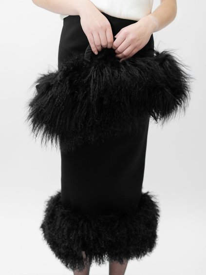 THE BLACK FEATHER-TRIM SKIRT  & MONGOLIAN LAMB