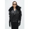 THE BLACK LEATHER BOMBER WITH MONGOLIAN LAMB COLLAR