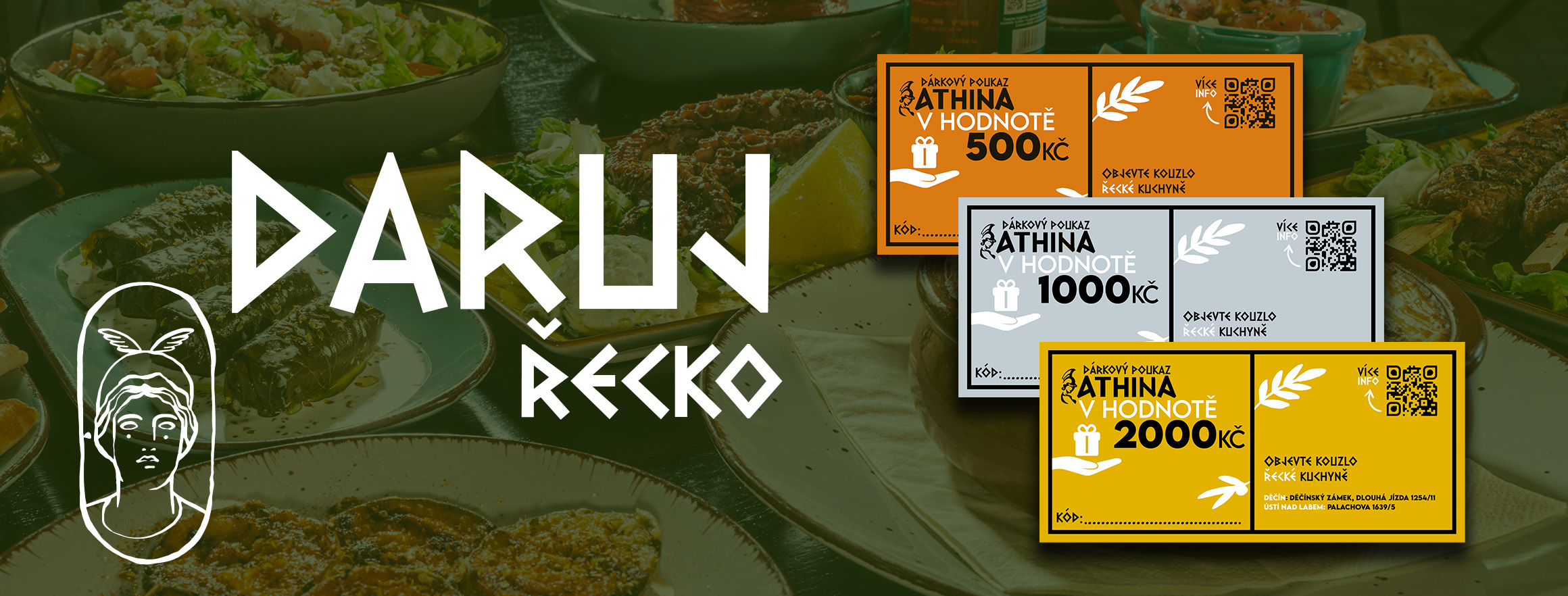 Dárkové poukazy do restaurace Athina: 500 Kč, 1000 Kč, 2000 Kč. Ideální dárek pro milovníky řecké kuchyně.
