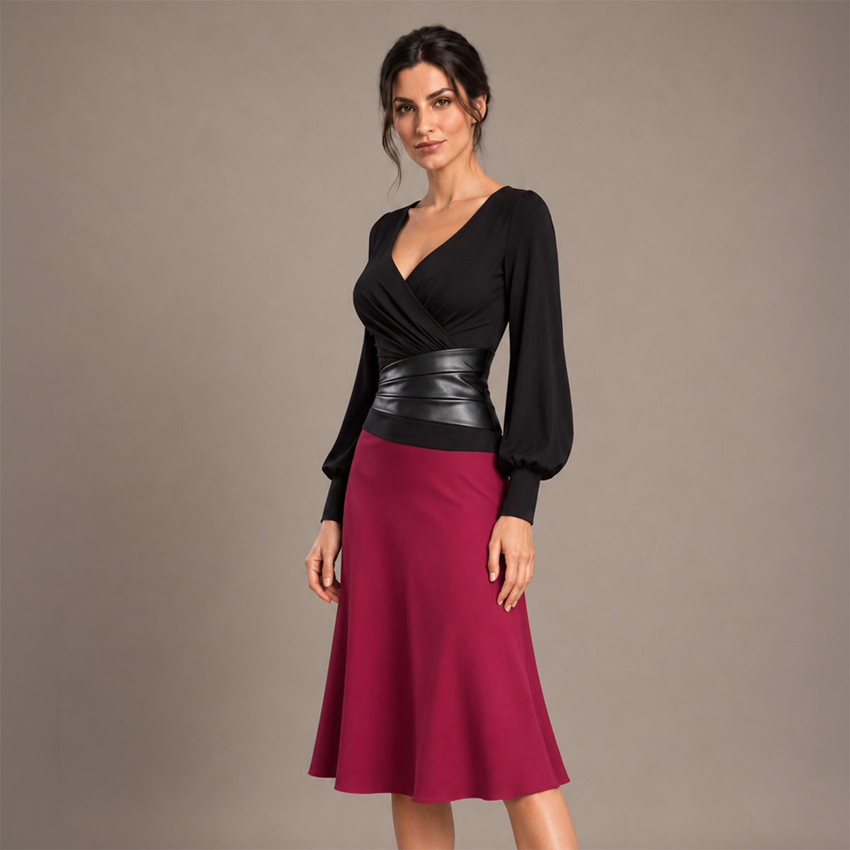 Bordó sukně a černý top: 3 způsoby, jak vytvořit elegantní outfit