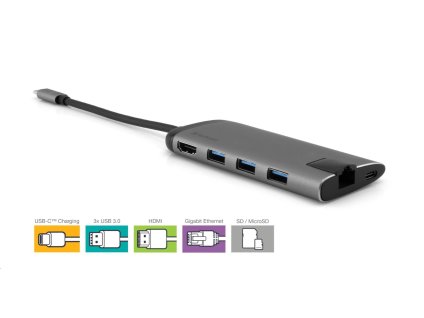 VERBATIM USB-C Multiport HUB, 3x USB 3.0, 1x USB-C, HDMI, LAN, SD, microSD, šedá dokovací stanice