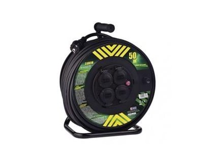 Venkovní prodlužovací kabel na bubnu 50m / 4 zás. / černý / guma-neopren / 230V / 2,5mm2