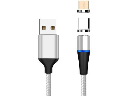 Magnetický microUSB a USB-C nabíjecí a datový kabel 1m, stříbrný