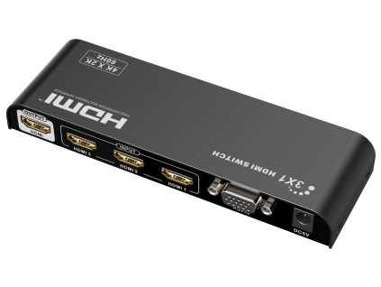 4Kx2K@60Hz HDMI switch 3:1 kovový s dálkovým ovladačem a napájecím adaptérem