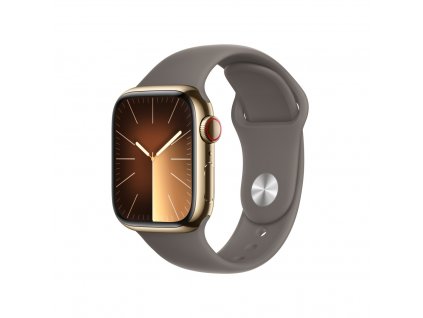 Apple Watch Series 9 41mm Cellular Zlatý nerez s jílově šedým sportovním řemínkem - M/L