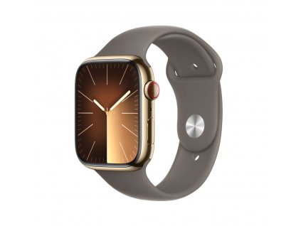 Apple Watch Series 9 45mm Cellular Zlatý nerez s jílově šedým sportovním řemínkem - M/L