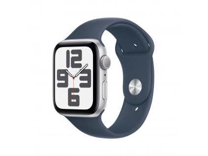 Apple Watch SE Cellular 44mm Stříbrný hliník s bouřkově modrým sportovním řemínkem - S/M
