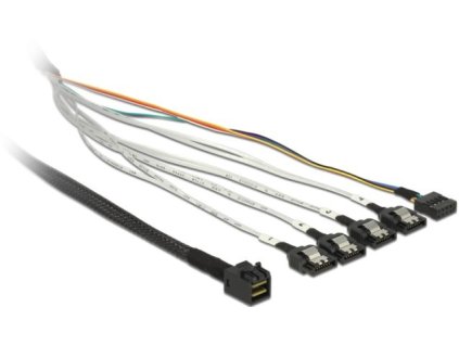 Delock kabel mini SAS HD SFF-8643 > 4 x SATA 7 pin + Sideband 0,5m kovová spona