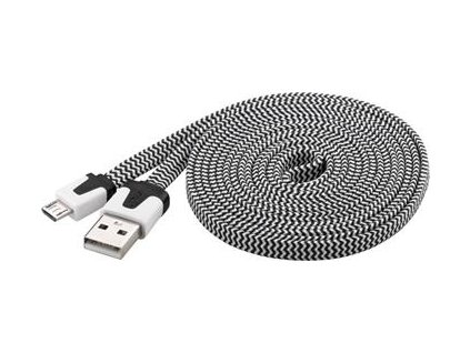 Kabel microUSB 2m, plochý textilní kabel, černo-bílý