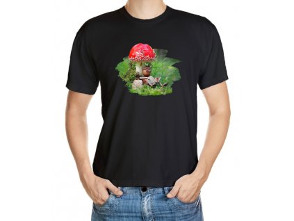 T-shirt with an acorn elf reader under a toadstool