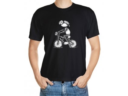 Dark T-shirt with a Acorn elf cyclist illustration