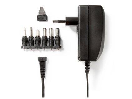 POŠKOZENÝ OBAL - NEDIS univerzální napájecí AC adaptér/ 27 W/ 3 - 12 VDC/ 100 - 240 V AC/ 6 konektorů/ 1,8 m/ černý