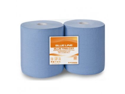 Průmyslové papírové role modré 3 vrstvé, 100% celulóza, 37cm, 200 metrů návin
